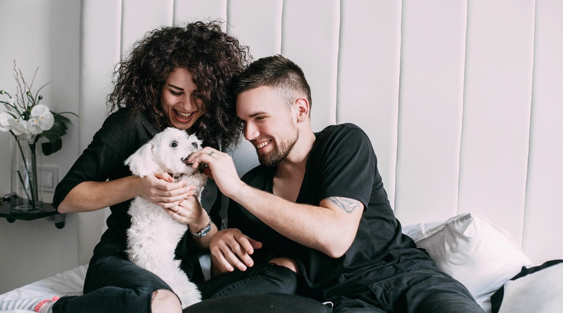 Love where you live a couple laughing on the couch petting a dog